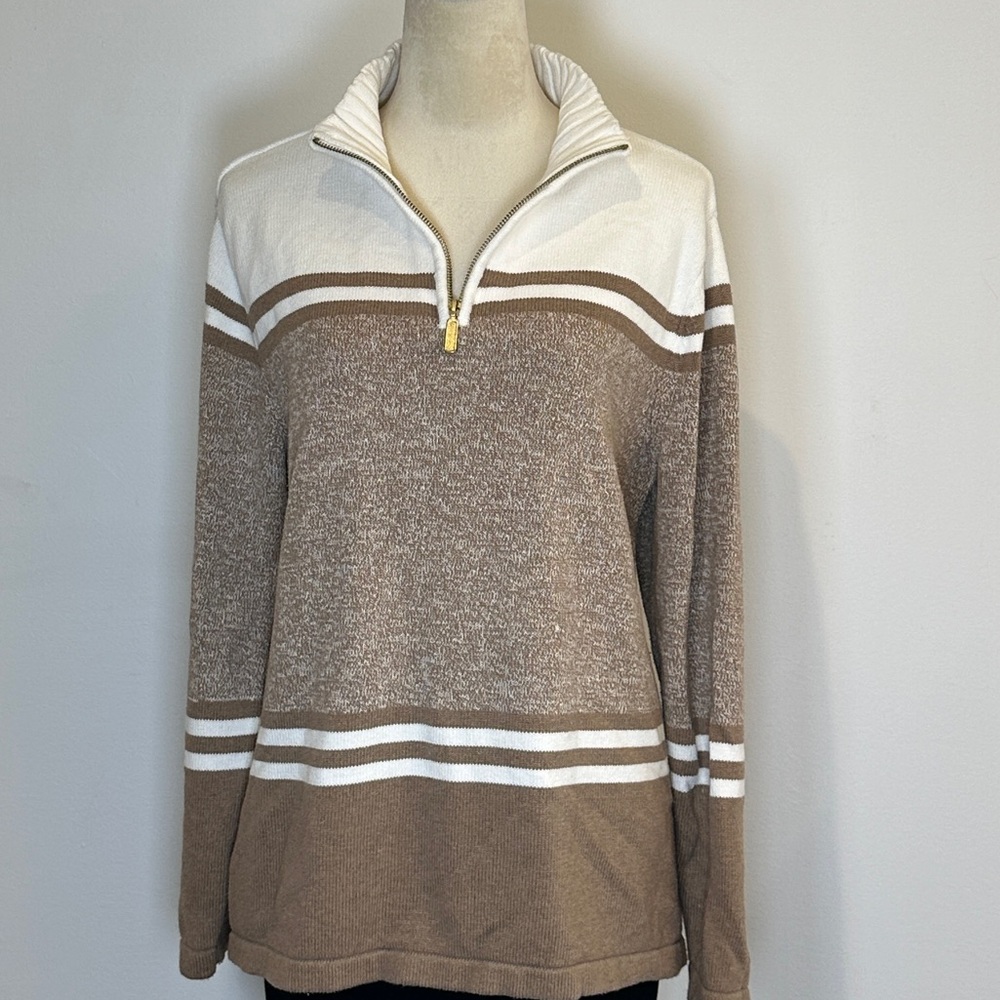 🛍️5 for $40| Karen Scott Cotton Quarter Zip Stripe Taupe Sweater oversized